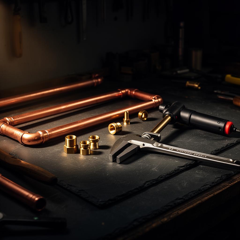 Copper pipework and brass fittings laid out on a workshop bench — Stonemoore craftsmanship