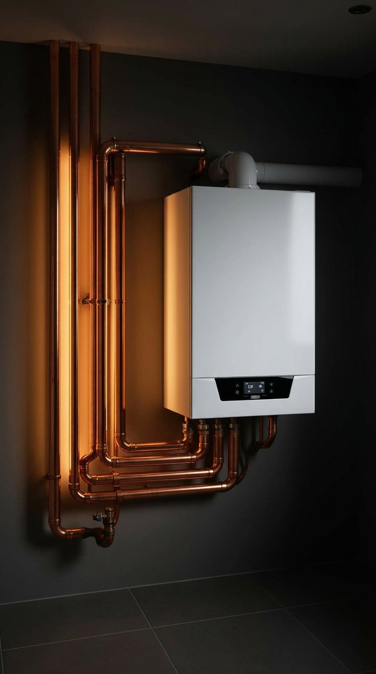 Modern wall-mounted boiler with polished copper pipework in a dark utility space